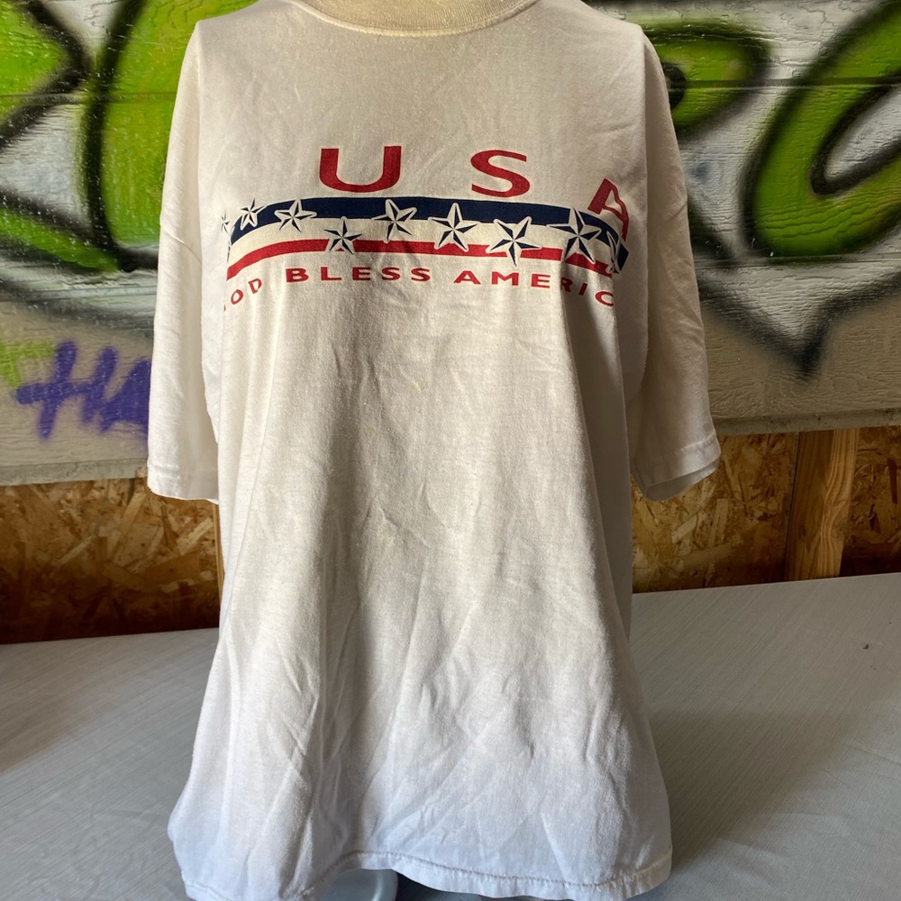 USA God Bless America Vintage White  T-Shirt Mens L Hanes Heavyweight!